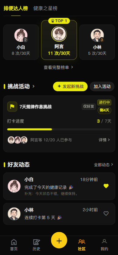 拉了么社区页面，展示排行榜、七天规律作息挑战、打卡进度和好友动态